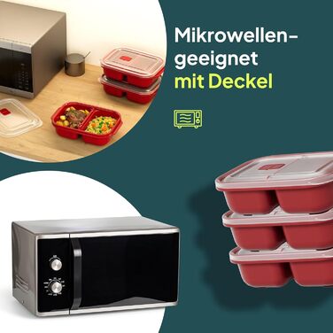 Контейнери для зберігання продуктів uandu з кришками, 2 відділення, набір з 3 предметів для мікрохвильової печі, герметичні контейнери для зберігання продуктів, коробки для приготування їжі, пластикові коробки без BPA з кришками, червоні, 3 x 1200 мл