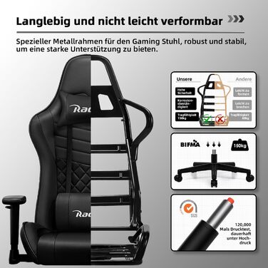 Геймерське крісло, офісне крісло з регульованою поперековою подушкою, підлокітниками та підголівником, функція гойдання ігрового крісла до 170, ігрове крісло зі зручними подушками сидіння, ігрове крісло вантажопідйомністю 150 кг