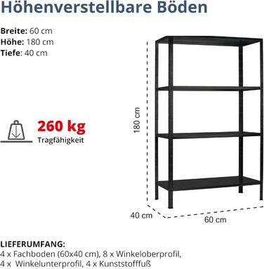 Система полиць SCHULTE з 4 полицями PowerMAX, вантажопідйомність 65 кг, 180x60x40 см (ВxШxГ), чорне текстуроване покриття, полиця для зберігання, полиця для майстерні, полиця для підвалу, полиця для гаража, металева полиця