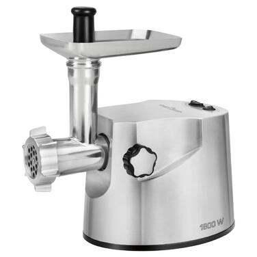 Електрична м'ясорубка Profi Cook PC-FW 1172, 1800 Вт, для м'яса, ковбас та печива, 2 кг/хв, з насадками для ковбас, кеббе та 3 сталевими дисками, нержавіюча сталь, срібляста