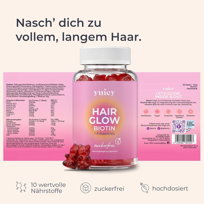 Вітаміни для волосся Yuicy Hair Glow з біотином, малина, 60 шт.