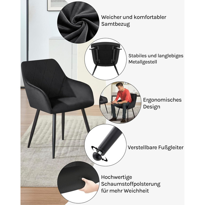Комплект із 2 обідніх стільців з підлокітниками та спинками, для їдальні, вітальні, кухні, м&39які кухонні стільці з оксамитовим покриттям, металеві ніжки, чорний, комплект із 2 шт.