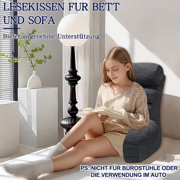Подушка для читання для ліжка та дивана, подушка для спини ліжка, подушка для читання зі спинкою для дорослих, зручна для сидіння, читання та перегляду телевізора на підлозі або дивані (вугільна, 65 * 30 см)