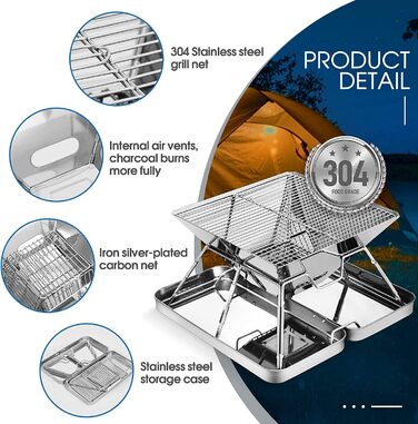 Портативна дров&39яна піч з нержавіючої сталі KAHEIGN, складна гриль-гриль для барбекю, нержавіюча сталь з сумкою для перенесення, кемпінгу, пікніків та барбекю