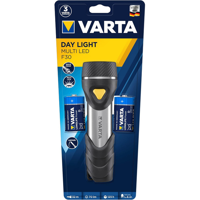 Ліхтарик VARTA з 14 світлодіодами, включаючи 2 батареї D, ліхтарик Day Light Multi LED F30, ліхтарик з підвіскою, лампа ідеальна для дому, риболовлі, гаража, аварійної ситуації, відключення електроенергії, надворі