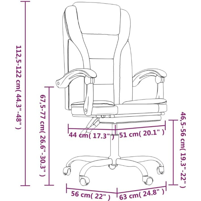 Ігрове крісло, офісне крісло, ергономічне з функцією відкидання, чорна штучна шкіра, регульована спинка 90-170, ігрове крісло, регульоване та поворотне