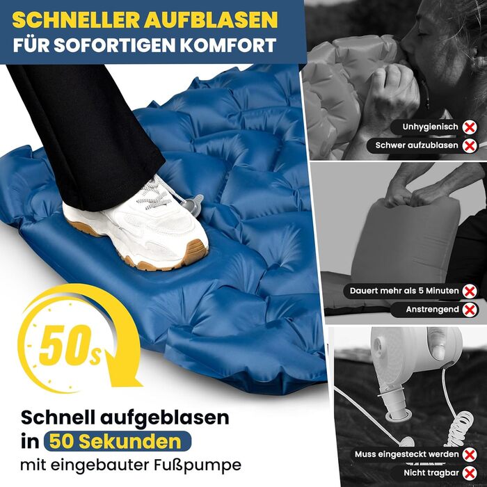 Килимок для кемпінгу HIKENTURE, заввишки 10 см, невеликий розмір у упаковці, надувний килимок для сну з ножним насосом для активного відпочинку, походів та використання в наметі, синій