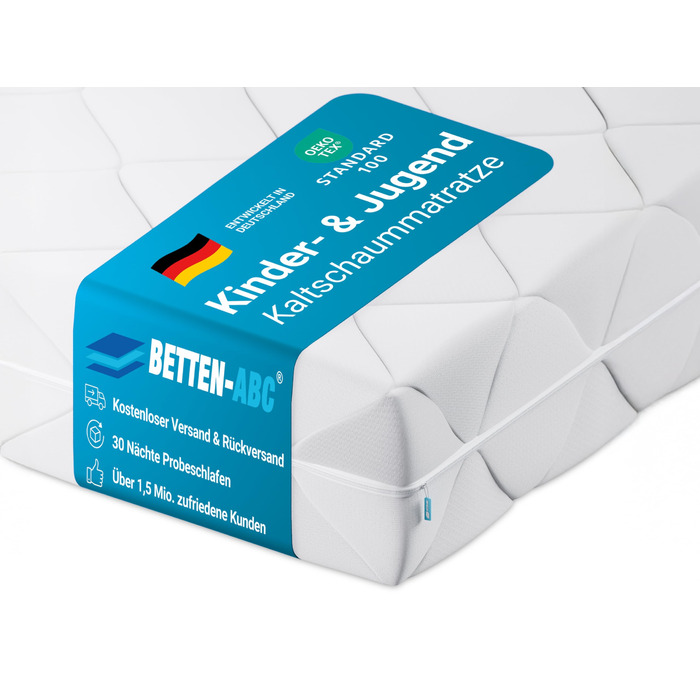 Ліжко ABC - Матрац для дітей та підлітків - 90x200 см - Спеціальний рівень жорсткості та сертифікація Oeko-TEX - Оптимальна гігієна завдяки знімному та пральному поліестеровому чохлу - Доставка посилкою Білий 90 x 200 см