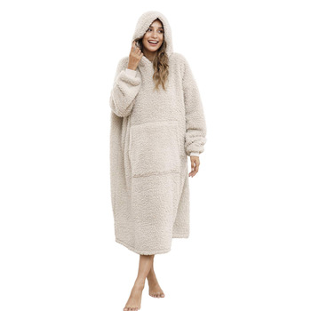 Великогабаритна шерпа-ковдра з капюшоном для чоловіків та жінок, довга зручна шерпа-ковдра, светр, волохатий пуловер, плюшевий, теплий, затишний, універсальний розмір, бежевий