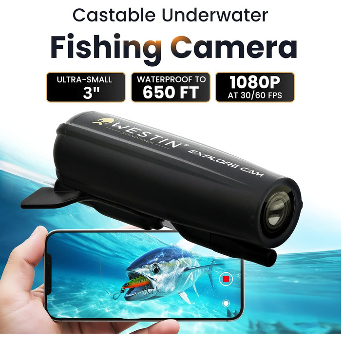 Підводна камера Westin Explore 28g - Рибальський аксесуар для лову коропа, камера для стежок з роздільною здатністю Full HD 1080p, водонепроникність до 200 м, яскраві кольори, час роботи від батареї 1 год 25 хв