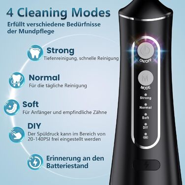 Бездротовий Електричний Іригатор для Порожнини Рота, Переможець Тестів 2026, 4 Режими Налаштування Тиску та 5 Насадок з Обертанням на 360 для Щоденного Глибокого Очищення, 300 мл, Водонепроникний IPX7 для Подорожей та Дому, Чорний