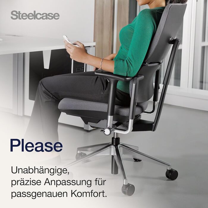 Ергономічне офісне поворотне крісло Steelcase Please з регульованою поперековою опорою, чорний онікс, 66 x 64 x 108 см, без підголівника