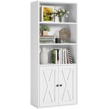 Книжкова шафа IRONCK з 2 дверима, 5-ярусна окремостояча полиця, книжкова шафа в індустріальному стилі, вітрина-полиця для навчання, офісу, вітальні, спальні, біла