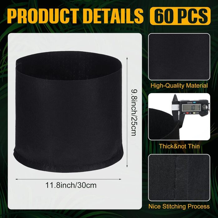 Мішки для рослин Zubebe на 60 предметів, садові мішки на вагу, вентильовані горщики для вирощування, міцні горщики для рослин з потовщеної нетканої тканини, чорні контейнери для картоплі, помідорів, овочів, квітів, фруктів (5 галонів)