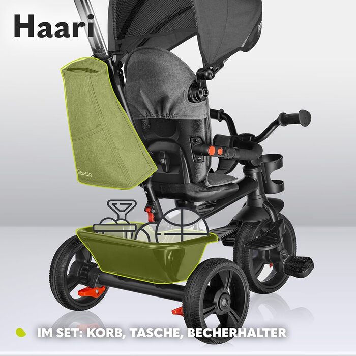 Триколісний велосипед LIONELO Haari 2в1 з прогулянковою ручкою від 18 місяців до 25 кг, передній і задній хід, безкамерні гумові ш