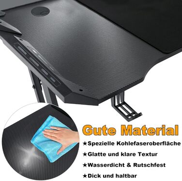 Ігровий стіл 160x60 см зі світлодіодним освітленням, ергономічний комп&39ютерний стіл Z-подібної форми з гачком для навушників, підставкою для склянок та виглядом з вуглецевого волокна, ігровий стіл для ПК, ноутбука та ігор - чорний 160 x 60 см - зі світл