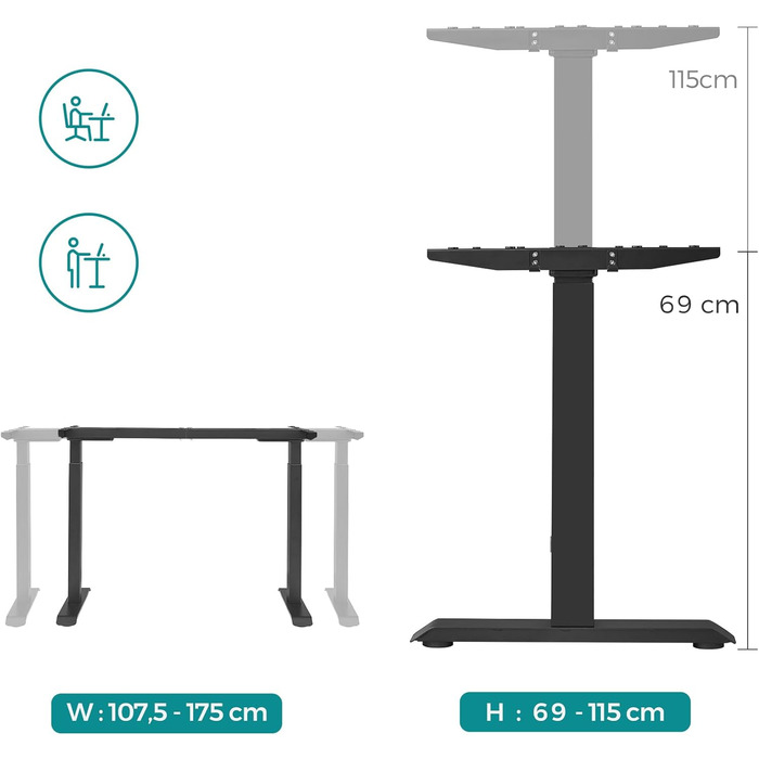 Електрична настільна підставка SONGMICS з регулюванням висоти, подвійний двигун, з гачками, безступінчасте регулювання, функція пам&39яті, сталь, чорний колір LSD019B01