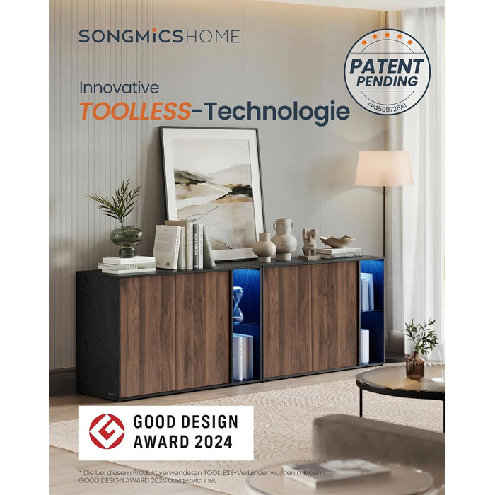 Сервант, надшвидке складання без інструментів, технологія без інструментів, шафа для зберігання у вітальні, тумба під телевізор зі світлодіодним підсвічуванням, регульовані полиці, сучасний, чорний BBK372B01 Натуральний горіх Чорне ебенове дерево