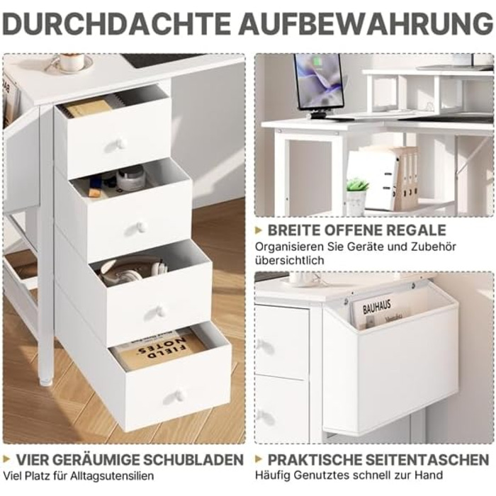 Г-подібний стіл Yaheetech з розетками, 120 x 68 см, білий, двосторонній ігровий стіл з кріпленням для монітора, 4 шухляди, 2 полиці та 1 сумка для зберігання, кутовий стіл для домашнього офісу