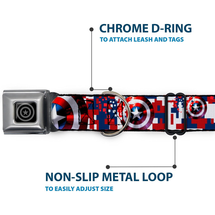 Нашийник для собак Капітан Америка, цифровий камуфляж, синьо-біло-червоний, з застібкою типу автомобільний ремінь, ширина 2,5 см, розмір S (22,9-38,1 см)