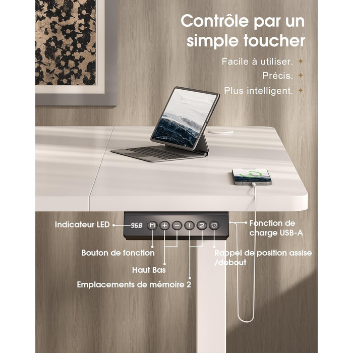 Письмовий стіл з регульованою висотою 160x80 см, Стіл з регульованою висотою та висувними ящиками, порт зарядки USB-A, комп&39ютерний стіл з лотком для кабелів, стіл для роботи стоячи з 3 функціями пам&39яті, білий, 160 x 80 см