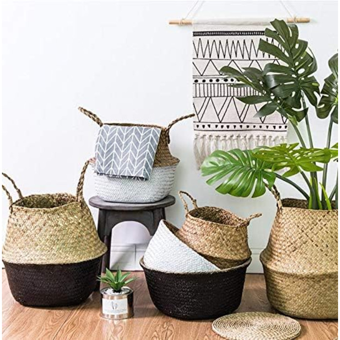 Кошик з морської трави, квітковий горщик, натуральний кошик, плетений кошик для білизни з ручкою для зберігання рослинних іграшок (чорний) Чорна найширша частина 32 x 28 см