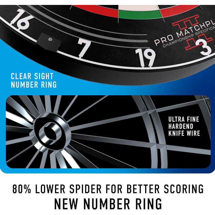 Мішень для дартсу Harrows Dart Board Pro Matchplay 2 I, офіційний розмір, мішень з надтонким дротом для максимального набору очок, сумісний зі стійкою для дартсу, підсвічування мішені