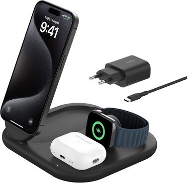 Зарядний пристрій Belkin BoostCharge індуктивна зарядна станція 3-в-1 Qi2, 15 Вт, складна підставка, сумісна з MagSafe, для Apple