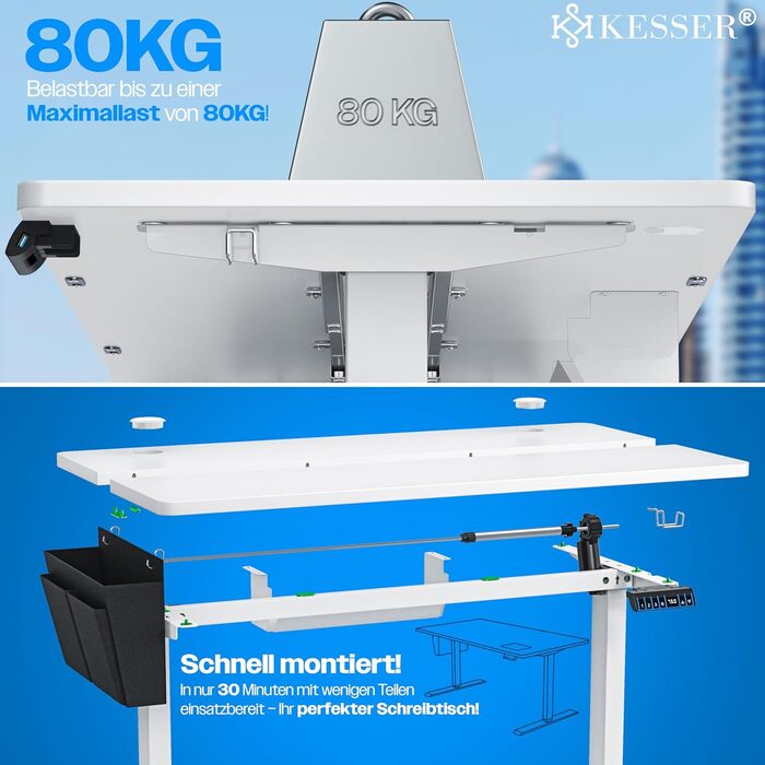 Електричний стіл KESSER з регулюванням висоти 100 см x 60 см Ергономічний стіл для роботи сидячи та стоячи 3-функціональне керування з пам&39яттю Включає коліщатка з поворотом на 360 та порт заряджання USB Комп&39ютерний стіл для домашнього офісу 100 x 60