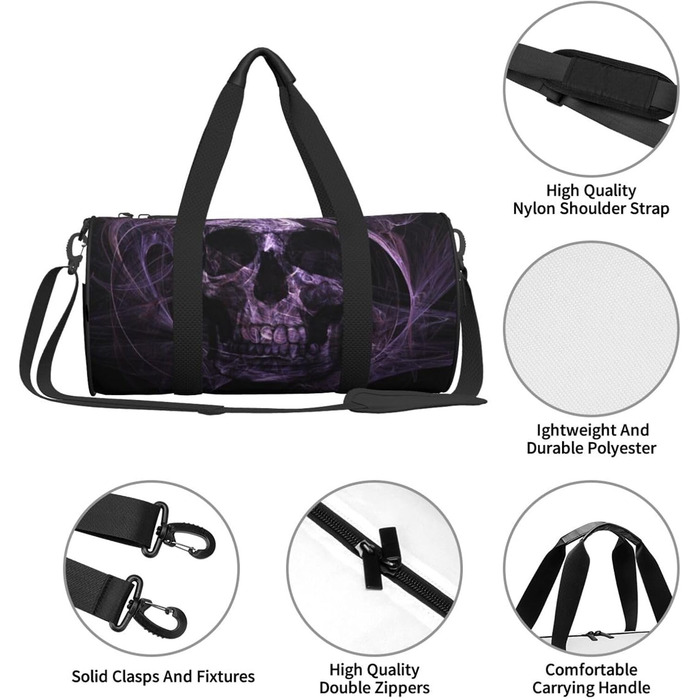 Дорожня сумка Тропічний пляж пальми, захід сонця, кругла форма, велика місткість, легка та міцна, ідеальний подарунок для подорожей, відпустки, ділових поїздок та іншого. Дизайн фіолетовий череп, універсальний розмір.