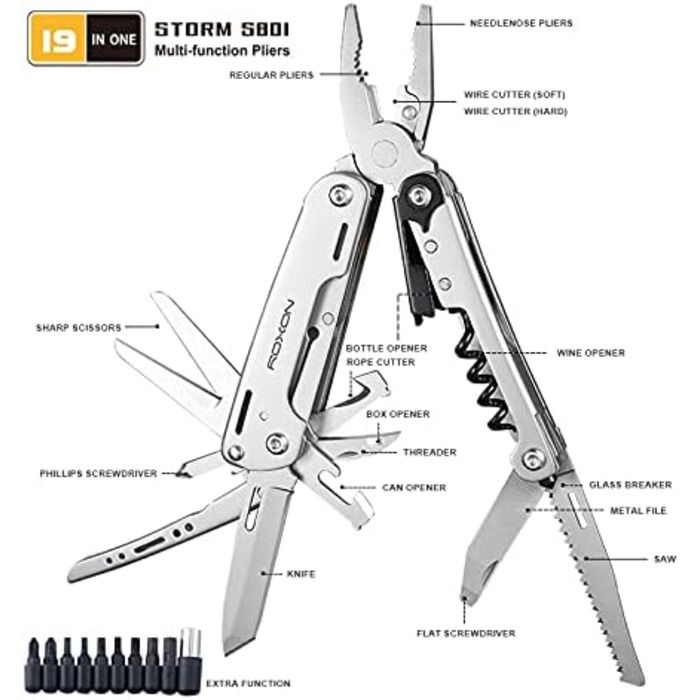 Плоскогубці Roxon S801S STORM, туристичний мультитул, мультитул з додатковою групою насадок і чорним кейсом, кишеньковий мультитул