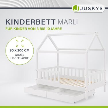 Дитяче ліжко Juskys Marli 90 x 200 см з матрацом, ящиком для ліжка, захисними поручнями, рейковою основою та дахом - Ліжко-будиночок з масиву дерева для дітей - Ліжко білого кольору