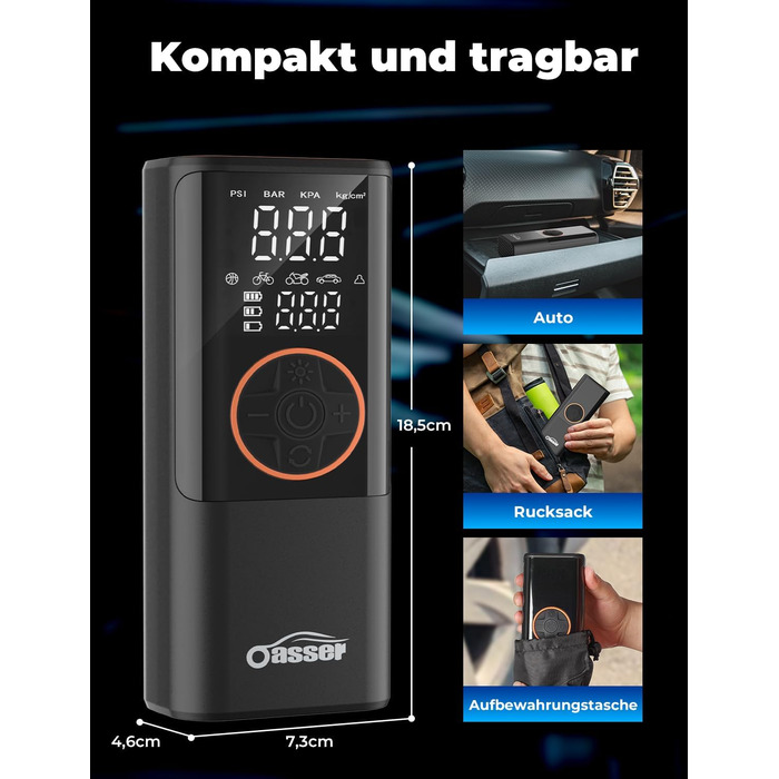 Електричний повітряний насос Oasser з подвійним дисплеєм 6000mAh 150 PSI, акумуляторний компресор з 3M 12V прикурювача для автомобіля, мотоцикла, велосипеда, м&39яча, подорожей, кемпінгу