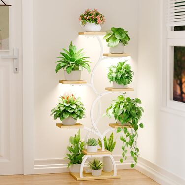 Підставка для рослин з лампою для вирощування - 8-ярусна підставка для квітів 124 см, полиця для рослин з металу та дерева - Квіткові драбини для приміщень та вулиці - Декоративна чорна квіткова підставка для балкону, біла