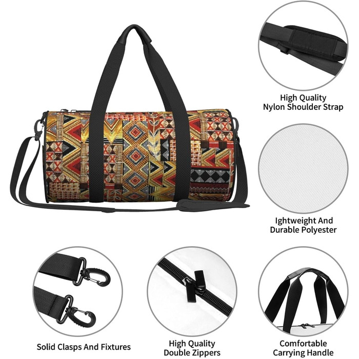 Спортивна сумка, дорожня сумка, з африканським текстилем, візерунок печворк, сумка для подорожей на вихідні, чорна, універсальний розмір, сумка для подорожей