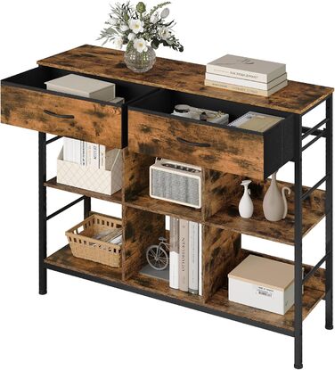 Полиця, книжкова шафа з 2 шухлядами, 6 відкритих відділень, окремостояча полиця з металевим каркасом, полиця для зберігання, для вітальні, кабінету, спальні, рустикальний коричневий, чорний вінтажний коричневий