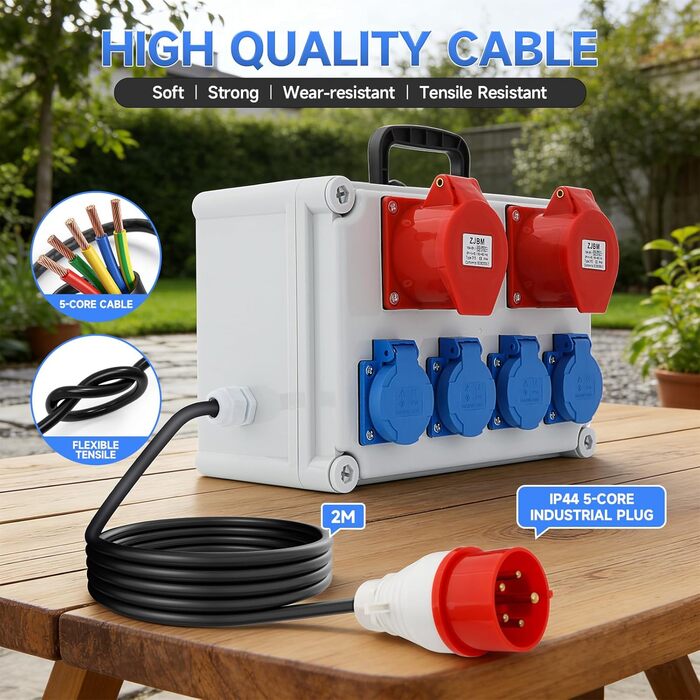Розподільна коробка для будівельного майданчика, комплект розподільчої коробки 16A, BKV 2/4, водонепроникний розподільник живлення IP44/IP54 з розеткою та ручкою для перенесення, кабель 2 м, для використання всередині та зовні приміщень, 6 портів (з двома