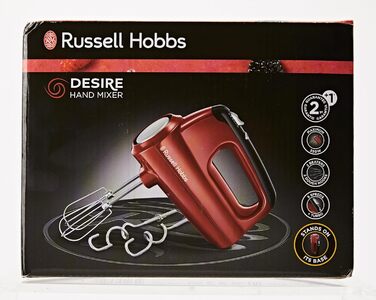 Ручний міксер Russell Hobbs ручний міксер Desire Red (5 рівнів швидкості функція турбо, 2 вінчики для посудомийної машини та гачки для тіста, кнопка виймання, вертикальне паркувальне положення) Ручний міксер 24670-56 Ручний міксер Desire одинарний