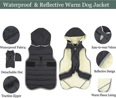 Зимова куртка для собак зі знімним капюшоном, водонепроникна та світловідбиваюча куртка для собак, тепла флісова куртка з капюшоном для цуценят, куртки для маленьких, середніх та великих собак, чорна, M.