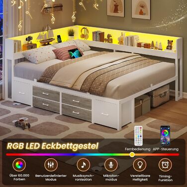 Ліжко AOGLLATI 140x200 з місцем для зберігання, диван-ліжко з вбудованою книжковою полицею та 6 шухлядами, дитяче ліжко зі світлодіодним освітленням та зарядною станцією, гостьове ліжко, кушетка, каркас ліжка з рейковою основою (білий, 140x200 см) 140x200