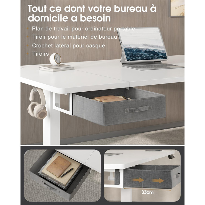 Письмовий стіл з регульованою висотою 160x80 см, Стіл з регульованою висотою та висувними ящиками, порт зарядки USB-A, комп&39ютерний стіл з лотком для кабелів, стіл для роботи стоячи з 3 функціями пам&39яті, білий, 160 x 80 см