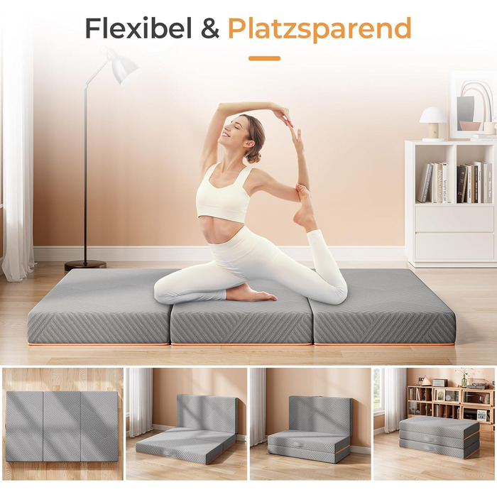 Розкладний матрац Vesgantti для гостей 100x200 см, висота 15 см, 3-секційний розкладний матрац з гелевої піни для подорожей, кемпінгу, підлоги, гостьового ліжка, чохол, що прається, складний матрац, сертифікований Oeko-Tex 15 см - сірий 100x200 см