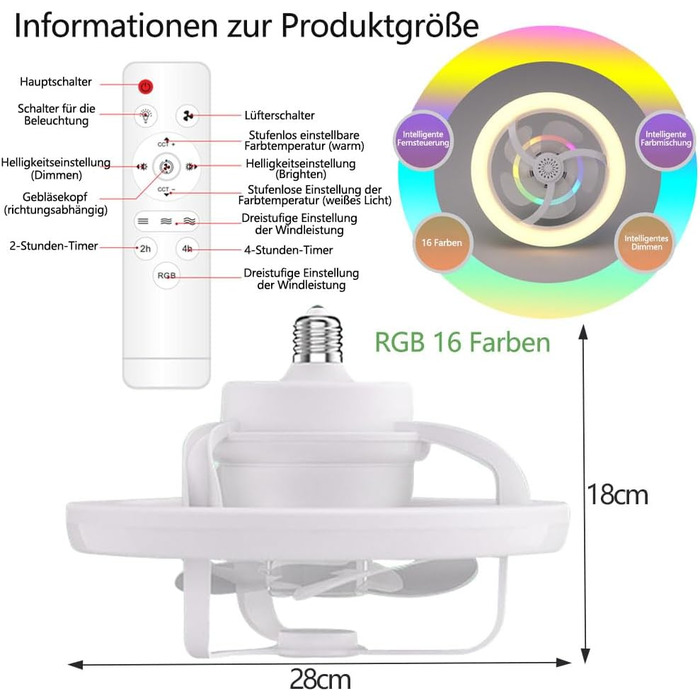 Стельовий вентилятор з лампою E27, стельовий вентилятор RGB з лампою та пультом дистанційного керування, вентилятор для патрона E27, тихе обертання на 360, 16 колірних температур, 3 швидкості, вентилятор потужністю 50 Вт, новий стиль