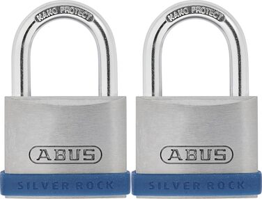 Замок навісний Silver Rock 5/40 з масивного цинку - набір 2 шт. - з силіконовою захисною рамкою - для підвалів та ін. - рівень безпеки ABUS 5 - Синьо-сріблястий набір, 40 мм, стандартна дужка