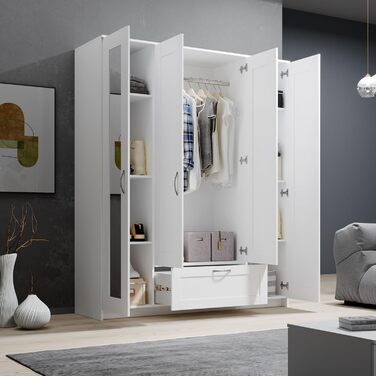Шафа з дзеркальними дверима білого кольору - Універсальна 4-дверна шафа для вашої спальні - 156 x 191 x 50 см (Ш/В/Г)