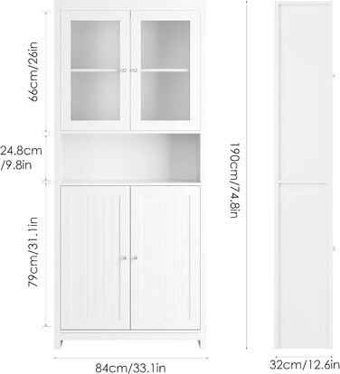 Книжкова шафа-вітрина з дверцятами Висока шафа Вітальня Буфет Їдальня Багатофункціональна шафа Біла 84x32x190 см, 190
