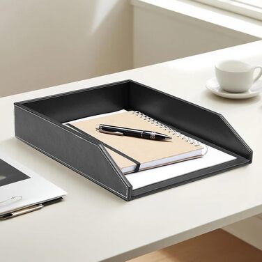 Штабелювані шкіряні лотки для документів, штабелювані лотки для листів формату А4, комплект з 2 шт. , для офісу, дому та школи, чорні.