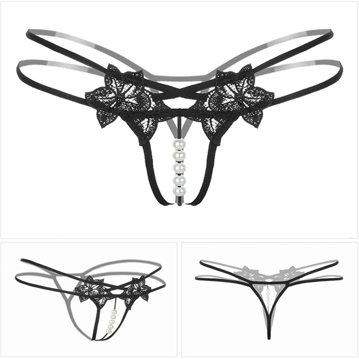 Набір із 6 жіночих сексуальних стрингів з бантиком, перлинами та мереживом, відкритий дизайн, універсальний розмір
