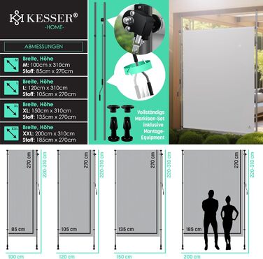 Вертикальний тент KESSER із затискачем 200x310 см, розсувний та непрозорий, з ручним приводом, не потребує свердління, екран для балкону та вітрозахисний екран для саду та тераси, водонепроникний, сірий, 200x310 см, сірий