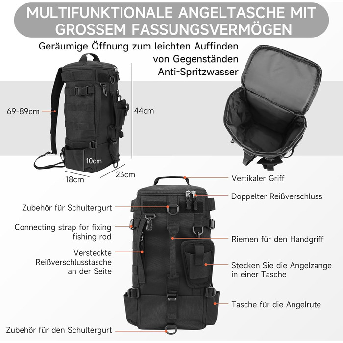 Рибальські сумки Сумка для зберігання рибальських снастей, сумка через плече Рибальське спорядження, зберігання вудок, сумка для інструментів для риболовлі Походи Полювання Кемпінг Чорний